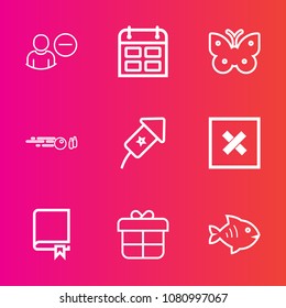 Premium set with outline vector icons. Such as delete, gift, remove, library, hit, holiday, calendar, book, day, present, avatar, white, closed, background, festival, time, schedule, seafood, fly, web