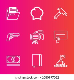 Premium set with outline vector icons. Such as construction, success, pistol, folder, gun, life, book, equipment, water, bank, diploma, lens, revolver, chef, tripod, professional, video, certificate