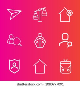 Premium set with outline vector icons. Such as estate, house, screen, boat, object, technology, ship, bag, container, mail, message, weight, shield, style, measurement, favorite, search, transport