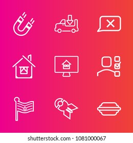 Premium set with outline vector icons. Such as estate, flag, bomb, business, field, war, truck, transport, platform, pole, property, south, task, science, house, north, lettuce, hamburger, plan, cargo