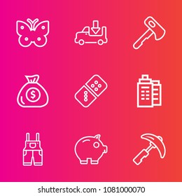 Premium set with outline vector icons. Such as picking, game, cargo, work, shipping, collection, wing, finance, axe, summer, business, wear, fly, butterfly, building, bank, tool, house, industry, real