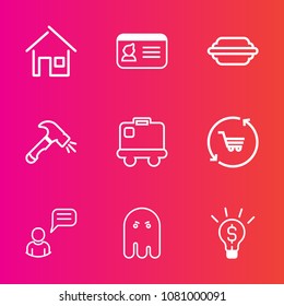 Premium set with outline vector icons. Such as shop, architecture, chat, airport, travel, home, shovel, communication, tomato, construction, building, house, security, person, burger, fear, baggage
