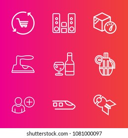 Premium set with outline vector icons. Such as box, drink, audio, clothes, service, red, business, retail, travel, shop, cart, trolley, weapon, transportation, package, media, user, store, weight, add