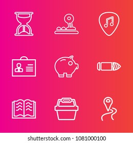 Premium set with outline vector icons. Such as paper, gun, book, clock, page, female, road, woman, button, cash, sand, minute, web, route, horizontal, technology, location, arrow, countdown, weapon