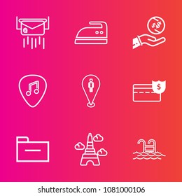 Premium set with outline vector icons. Such as eiffel, paper, dollar, correspondence, coin, message, home, paris, bank, guitar, pin, white, france, ironing, water, music, summer, mail, investment, map