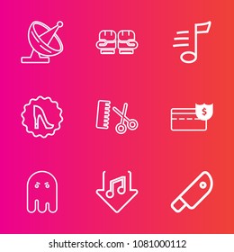Premium set with outline vector icons. Such as internet, sound, salon, circle, musical, food, satellite, fight, music, kitchen, antenna, professional, wireless, boxing, dish, frame, elegance, white