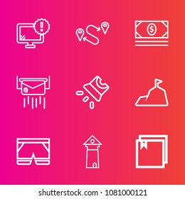 Premium set with outline vector icons. Such as mail, warning, template, business, cash, technology, wear, navigation, message, bank, projector, movie, europe, position, screen, video, post, shorts, pc
