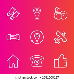 Premium set with outline vector icons. Such as glasses, travel, house, location, concept, sign, spy, watch, internet, aircraft, see, plane, telephone, equipment, game, ball, bowling, airplane, vision