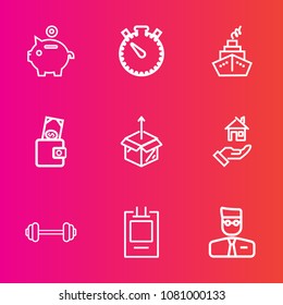 Premium set with outline vector icons. Such as workout, bank, badge, property, sport, account, box, pig, , piggy, time, house, wallet, modern, new, minute, countdown, rent, label, purse, finance, bag