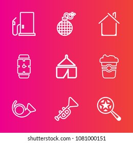 Premium set with outline vector icons. Such as camp, petroleum, architecture, jazz, cloud, building, drink, travel, house, car, explode, flame, trumpet, watch, adventure, petrol, fire, oil, cafe, home