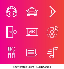 Premium set with outline vector icons. Such as chalkboard, transport, sound, earphone, right, car, musical, technology, financial, tune, fork, arrow, button, door, stereo, headset, audio, money, sign