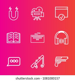 Premium set with outline vector icons. Such as gun, message, sport, tripod, vintage, page, pistol, technology, computer, fishing, keyboard, south, book, pole, video, sign, sound, camera, film, firearm