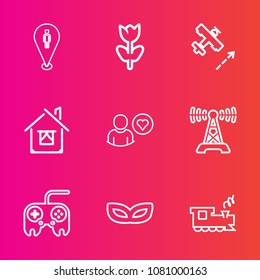 Premium set with outline vector icons. Such as pink, carnival, blossom, train, pin, floral, navigation, map, spring, plane, house, party, nature, air, petal, radio, aircraft, online, web, summer, sign