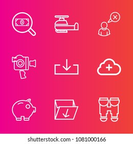 Premium set with outline vector icons. Such as online, trash, add, video, finance, web, search, connection, view, transport, technology, cancel, rubbish, fly, handle, flight, find, box, sign, internet
