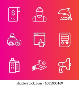 Premium set with outline vector icons. Such as suitcase, arrow, website, luggage, nature, water, house, professional, megaphone, man, building, bag, document, worker, helmet, wild, wildlife, real, web