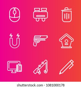 Premium set with outline vector icons. Such as recycling, search, weapon, mouse, gun, fishing, click, write, spy, input, magnetic, fish, bin, rod, field, sport, birdhouse, science, card, hand, pole