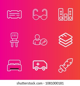 Premium set with outline vector icons. Such as sunglasses, data, sun, ambulance, information, bed, sword, medieval, show, comfortable, player, theater, double, medical, vision, emergency, interior