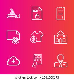 Premium set with outline vector icons. Such as castle, modern, paper, list, people, money, device, water, business, mobile, diploma, boat, employee, internet, note, market, ocean, sea, add, frame, job