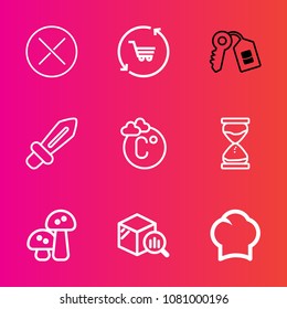 Premium set with outline vector icons. Such as sword, time, chief, chef, web, knight, blade, nature, refreshment, key, report, sand, food, trolley, delete, retail, medieval, cart, thermometer, trend
