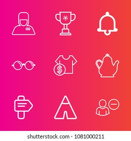 Premium set with outline vector icons. Such as user, way, eyeglasses, drink, trophy, alert, sale, direction, outdoor, shop, kettle, tent, cost, optical, notification, adventure, winner, alarm, arrow