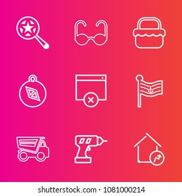 Premium set with outline vector icons. Such as america, sunglasses, nation, national, web, vision, increase, dumper, white, tipper, property, work, glasses, hand, north, look, grass, compass, dump