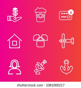 Premium set with outline vector icons. Such as fashion, coffee, growth, boat, girl, woman, sea, architecture, anchor, tree, tshirt, aircraft, technology, mug, home, house, war, white, cafe, young, cup