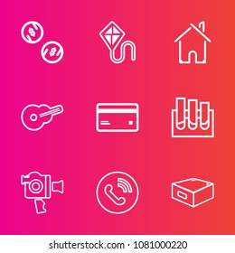 Premium set with outline vector icons. Such as sky, laboratory, happy, summer, circle, leisure, business, call, guitar, camera, plastic, coin, home, handle, joy, film, medicine, finance, debit, fun