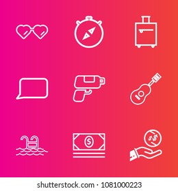 Premium set with outline vector icons. Such as bank, north, musical, vision, guitar, modern, blue, style, water, east, dollar, suitcase, summer, swimming, bubble, white, glasses, coin, game, bag, talk