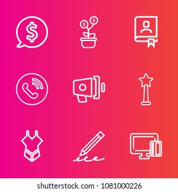 Premium set with outline vector icons. Such as write, book, card, circle, pen, wealth, finance, swimsuit, business, notebook, education, credit, phone, address, bikini, growth, speaker, loud, payment
