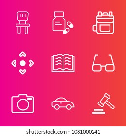 Premium set with outline vector icons. Such as seat, backpack, transportation, medicine, antibiotic, comfortable, eye, chair, paper, medical, lens, transport, equipment, courthouse, furniture, legal