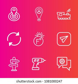 Premium set with outline vector icons. Such as speed, location, transportation, center, refresh, reload, drill, gps, point, sign, button, locomotive, equipment, way, train, rail, track, hand, work