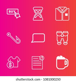 Premium set with outline vector icons. Such as hour, talk, buy, watch, white, view, sand, optical, drink, button, house, bubble, coffee, vision, hook, fish, tshirt, sign, web, document, mug, shirt