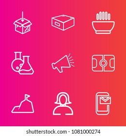 Premium set with outline vector icons. Such as food, download, pitch, soup, laboratory, stadium, medicine, web, equipment, dish, package, speaker, email, mountain, landscape, internet, furniture, tool