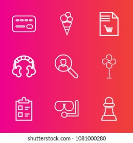 Premium set with outline vector icons. Such as music, dessert, cooler, audio, online, balance, mark, payment, food, sound, web, card, glass, white, check, horse, game, strategy, ice, credit, cream