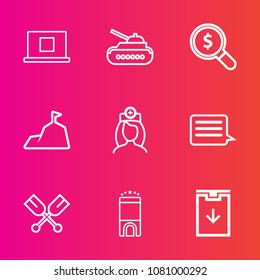 Premium set with outline vector icons. Such as peak, blue, chain, doctor, landscape, internet, battle, message, web, room, tank, care, concept, user, hill, luxury, hotel, sky, war, nurse, army, search