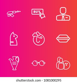 Premium set with outline vector icons. Such as eyeglasses, business, vase, buy, pottery, strategy, employer, decoration, pin, hamburger, job, sign, military, eyesight, eye, employee, black, chessboard