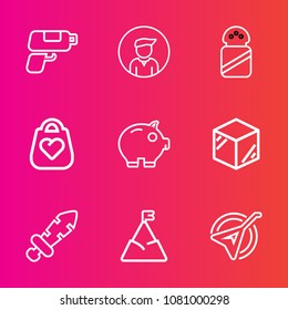 Premium set with outline vector icons. Such as element, package, young, blue, concept, bank, product, medieval, instrument, folk, gun, object, spice, packaging, ingredient, food, pistol, sky, string