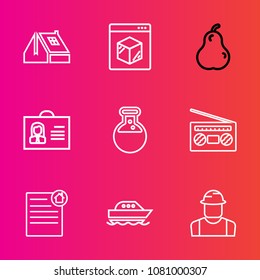 Premium set with outline vector icons. Such as ocean, radio, food, sea, water, architecture, organic, building, roofing, pear, online, boat, home, worker, shipping, delivery, equipment, exterior, roof