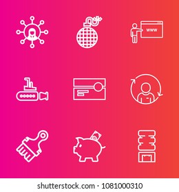 Premium set with outline vector icons. Such as paint, danger, cooler, flame, undersea, ocean, mobile, internet, go, container, communication, phone, stereo, brush, money, bomb, bank, audio, fire, cold