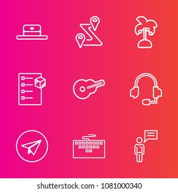 Premium set with outline vector icons. Such as travel, tropical, cargo, location, style, support, head, musical, gps, road, route, computer, cap, person, work, hat, message, white, box, nature, map