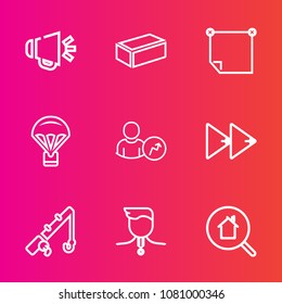 Premium set with outline vector icons. Such as brick, real, jump, voice, player, loudspeaker, note, online, button, extreme, music, reel, home, business, block, competition, web, material, sound, fish