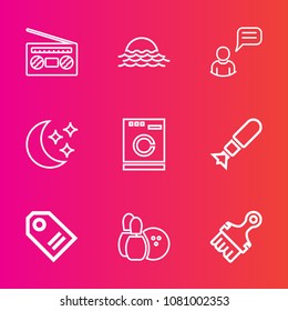Premium set with outline vector icons. Such as record, tag, machine, price, white, paint, sun, nature, sunset, music, audio, sport, bowling, label, brush, communication, washer, war, game, light, chat