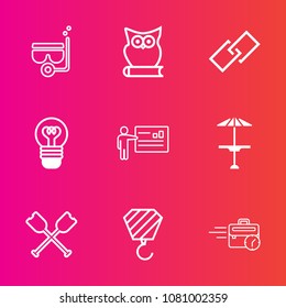 Premium set with outline vector icons. Such as lamp, summer, mask, bar, paddle, nature, link, oar, table, building, computer, boat, equipment, owl, white, lightbulb, snorkeling, people, animal, cafe
