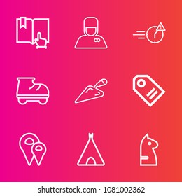 Premium set with outline vector icons. Such as click, white, business, luggage, chessboard, outdoor, adventure, equipment, bellboy, sale, game, roller, tent, label, construction, location, fun, late