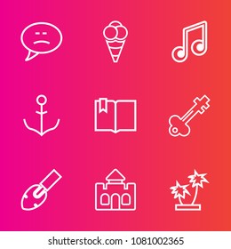 Premium set with outline vector icons. Such as note, helm, dessert, key, cream, tower, nautical, summer, tropical, talk, nature, white, building, ship, palm, castle, click, construction, speech, door