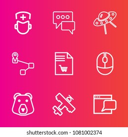 Premium set with outline vector icons. Such as point, ufo, animal, communication, healthcare, airplane, doctor, map, aircraft, website, supermarket, bear, device, spaceship, internet, market, plane
