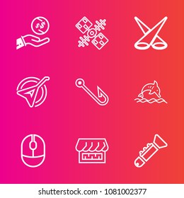 Premium set with outline vector icons. Such as animal, dollar, string, business, shop, curtain, spotlight, white, dolphin, wireless, hook, instrument, ocean, hand, bugle, mouse, musical, fishing, fish