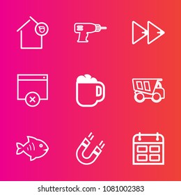 Premium set with outline vector icons. Such as house, day, dump, mortgage, rewind, machine, business, estate, cup, mug, cafe, time, pole, food, tipper, music, science, calendar, button, sign, loan