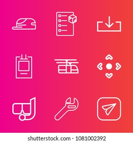 Premium set with outline vector icons. Such as download, equipment, truck, blue, arrow, hat, button, technology, summer, website, sky, snorkel, head, badge, water, cap, warehouse, internet, train, sea