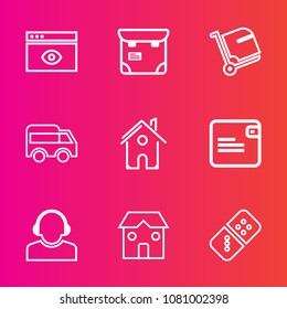 Premium set with outline vector icons. Such as pretty, house, center, play, people, architecture, mobile, passenger, web, airport, bag, purse, browser, pass, team, money, technology, direction, domino